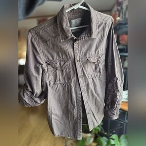 Warehouse One Brown Snap "Button" Down Shirt Mens Small 21in P2P